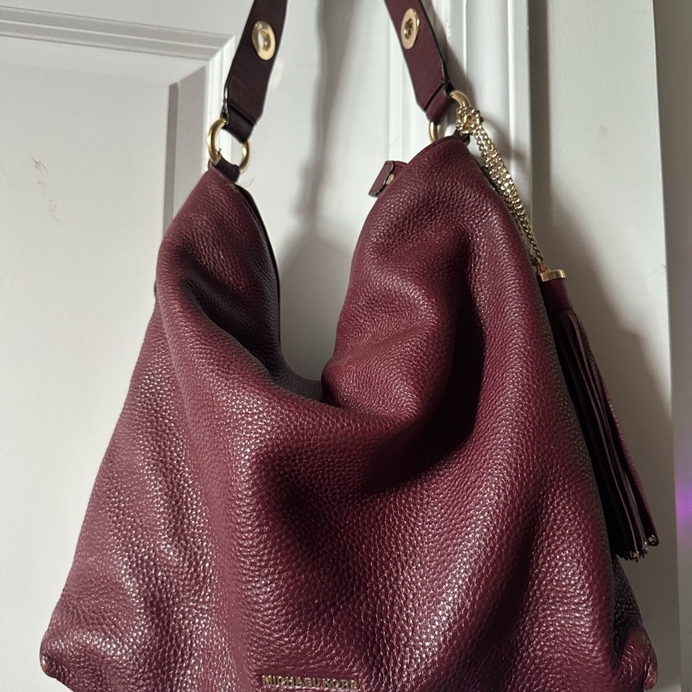 Michael Kors Burgundy Leather Hobo Bag with Tassel Detail